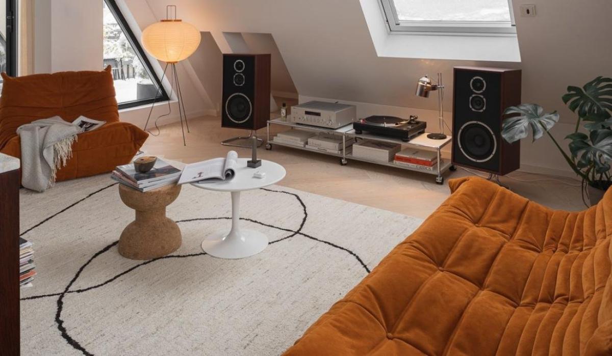 Salon de style rétro dans un appartement sous les combles avec un tapis élégant au centre.